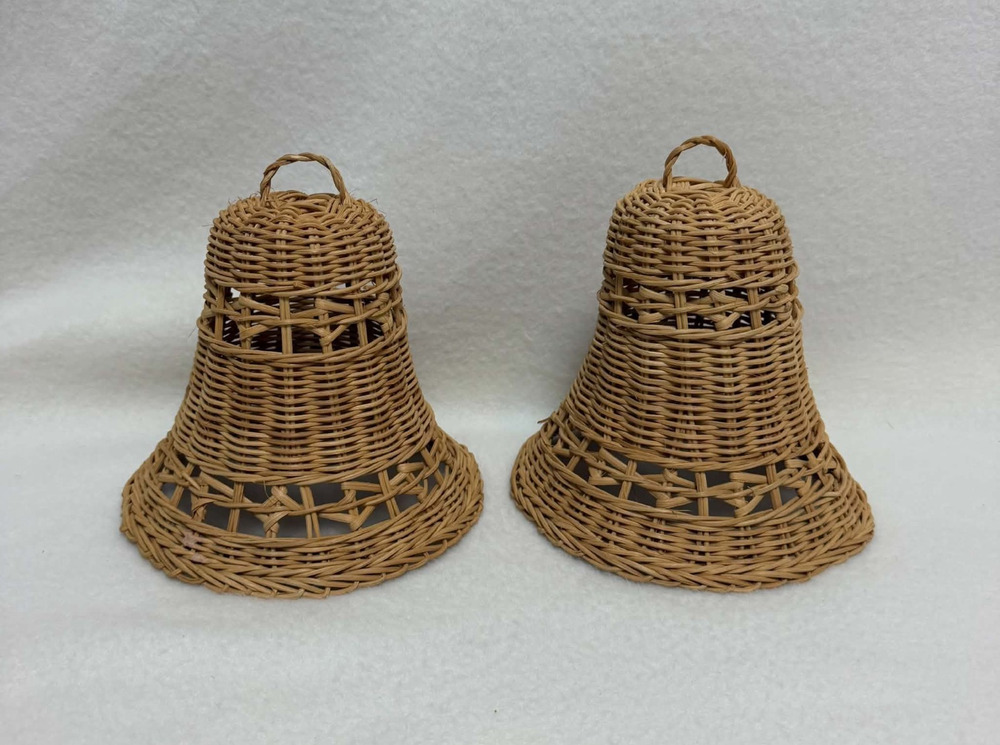 Wicker Rattan Bells 7" Tall Decorative Woven Set of 2 Rustic Cottage Christmas